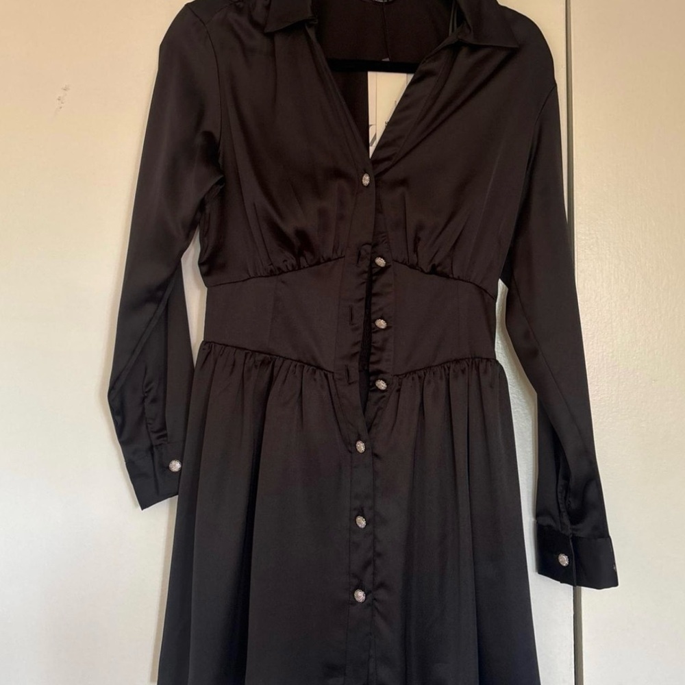 Zara Black Jewel Satin Button-Up Mini Dress